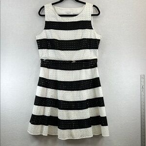 Calvin Klein Fit/Flare Dress Size 10* Black & White Colorblock/Stripe Cotton EUC
